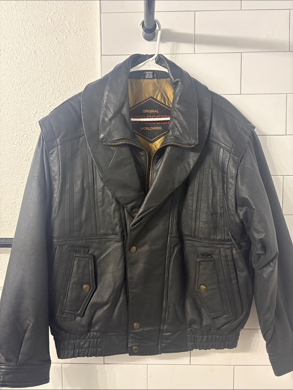 Original Expressions Worldwide Black Leather Bomber Jacket with Shawl Collar.